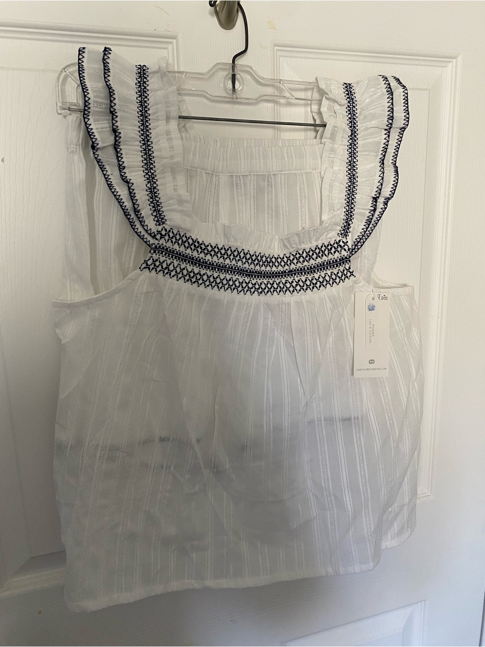 Caroline Constas 100% Cotton Two-Piece Tank & Shorts Set with Navy Trim NWT - Picture 3 of 5
